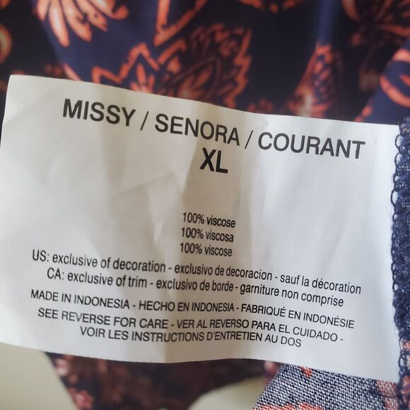 Gloria Vanderbilt Womens Blouse Size XL Blue Floral V Neck 3/4 Sleeve Batik Boho - Picture 9 of 12